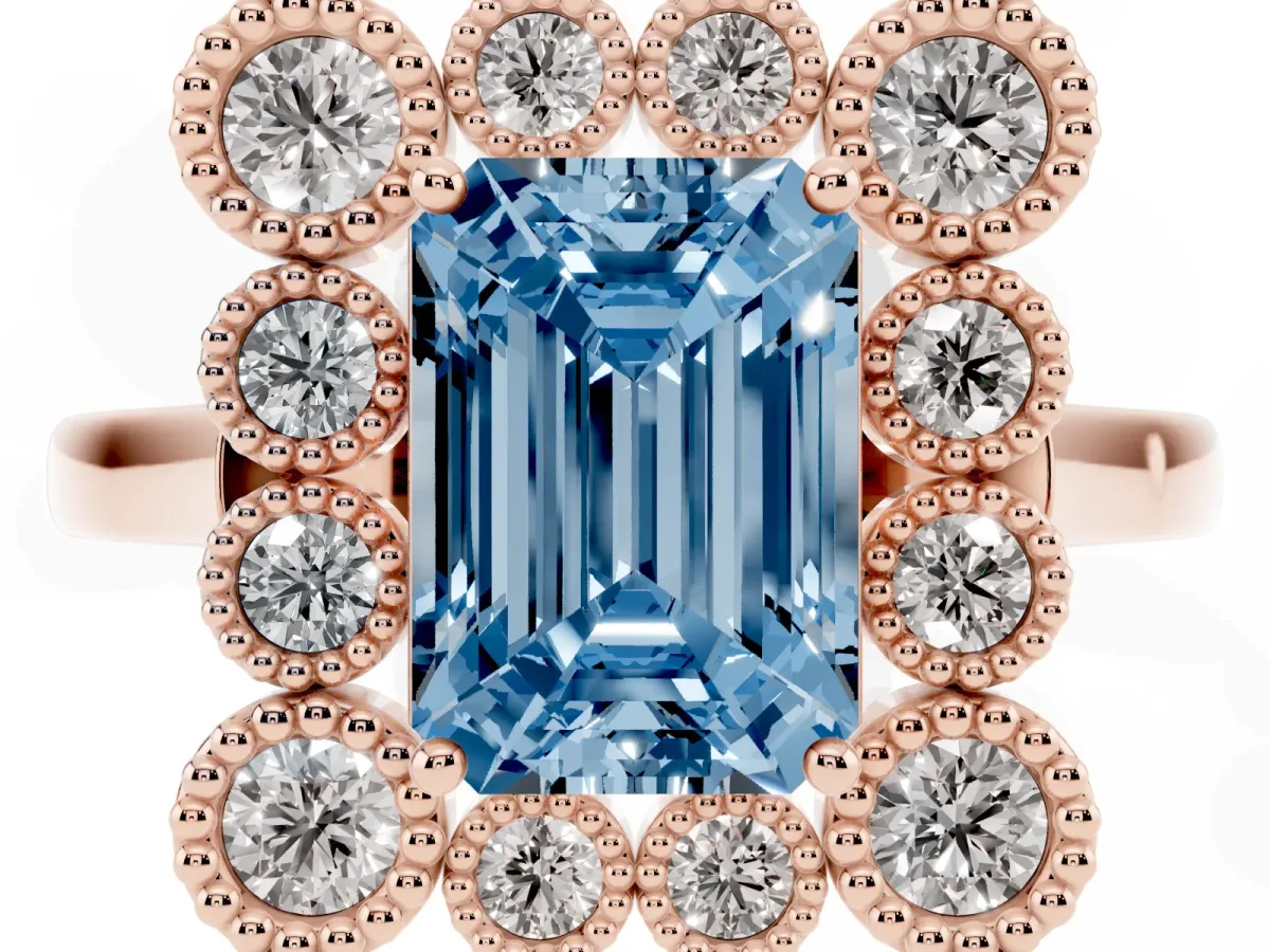 Fancy Blue Emerald Cut Halo Diamond Cluster Engagement Ring with Milgrain Bezel Setting and Solitaire Band Rose gold