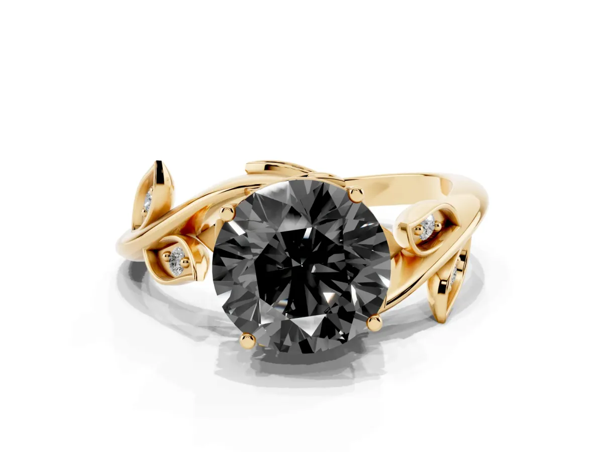 Fancy Black Round Cut Solitaire Twist Engagement Ring with Leaf Accents and Prong Setting Yellow gold