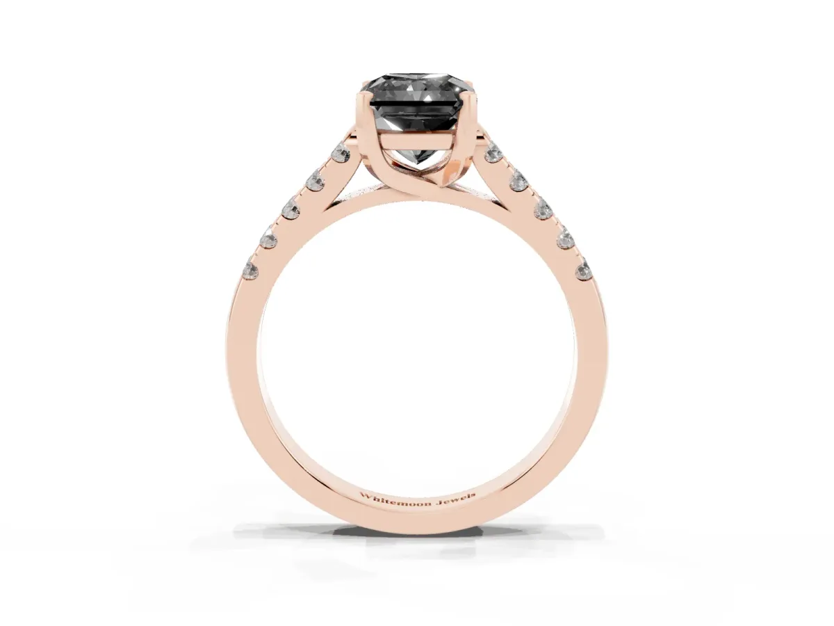 Fancy Black Radiant Cut Diamond Pavé Band Solitaire Ring with Prong Setting Rose gold