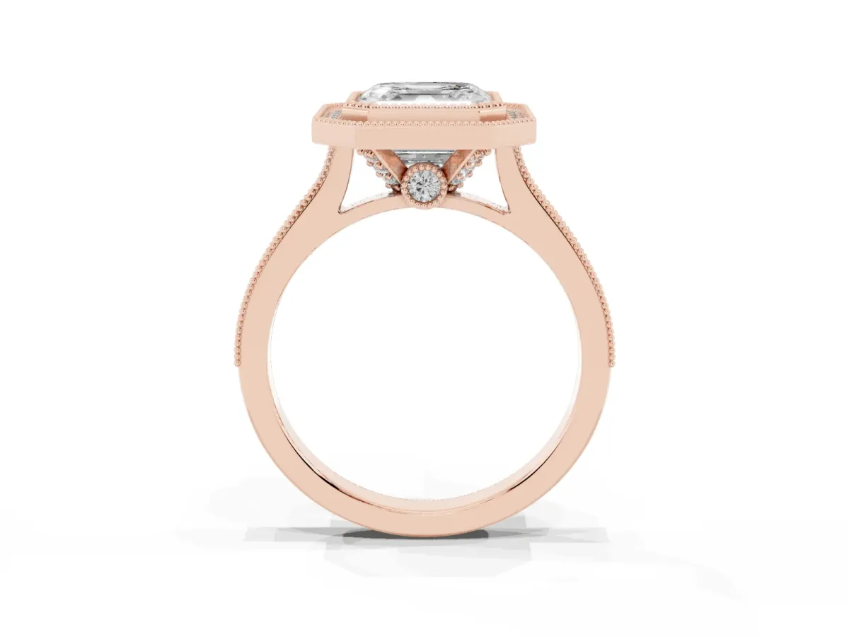 Halo Asscher Cut-Cut Diamond Pave Band Milgrain Prong Setting Ring Rose gold