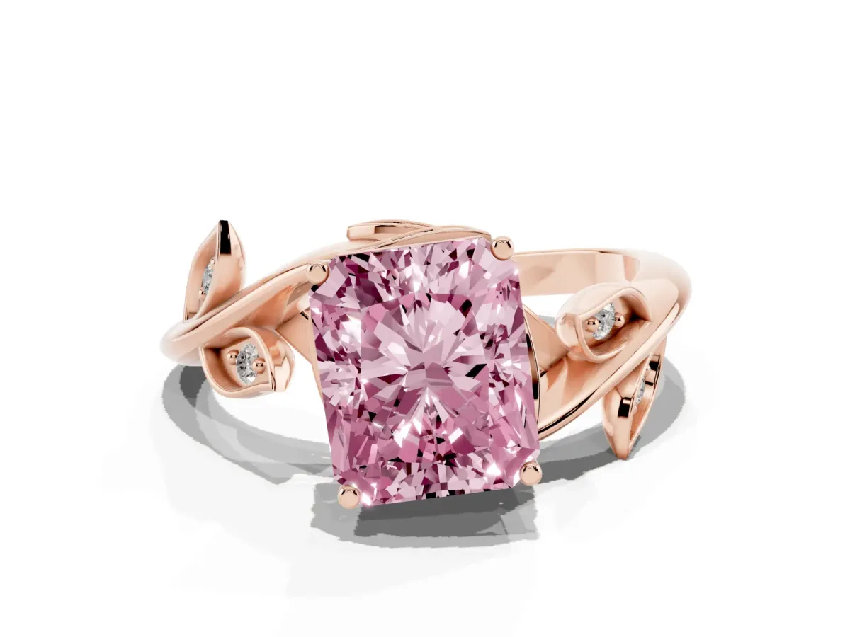 Fancy Pink Radiant Cut Solitaire Twist Engagement Ring with Leaf Accents and Prong Setting Rose gold