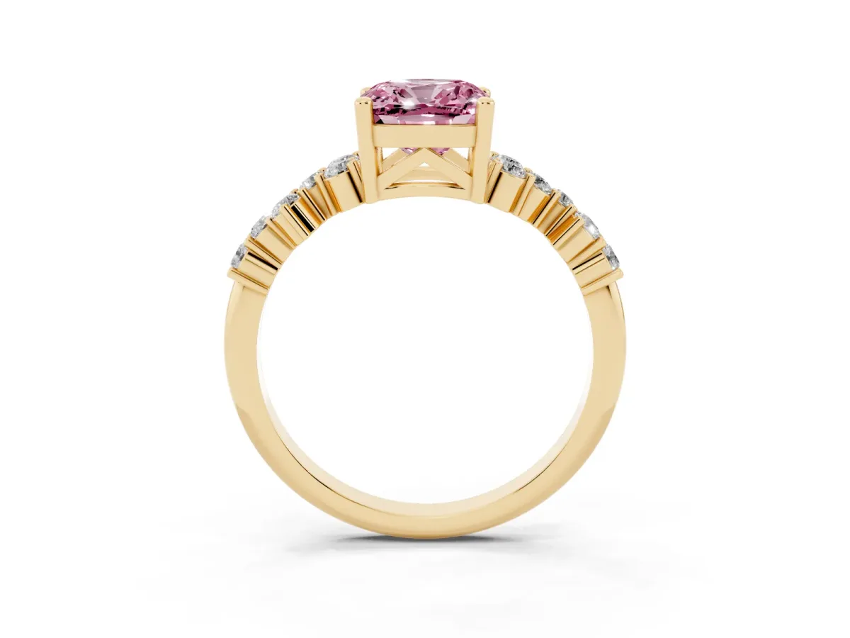 Fancy Pink Cushion Cut Diamond Scattered Round Accent Ring with Prong Setting Yellow gold