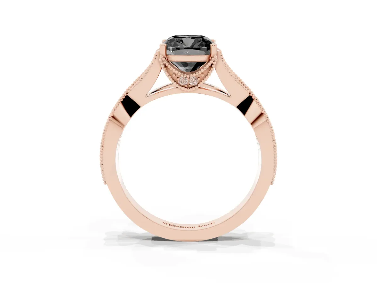 Fancy Black Cushion Cut Cut Diamond Twisted Band with Milgrain Pave Setting and Four-Prong Setting Rose gold
