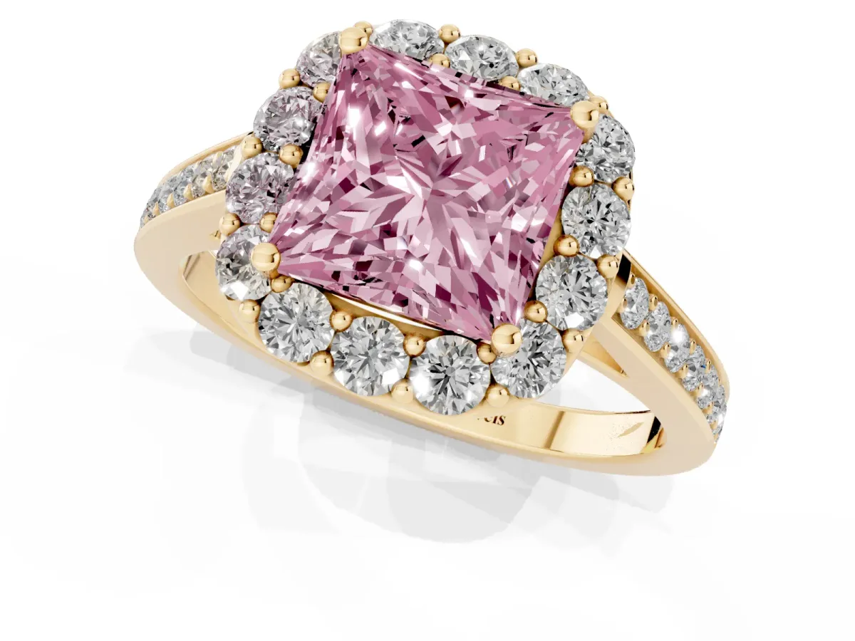 Fancy Pink Princess Cut Diamond Floral Halo Ring with Pavé Band and Prong Setting Yellow gold
