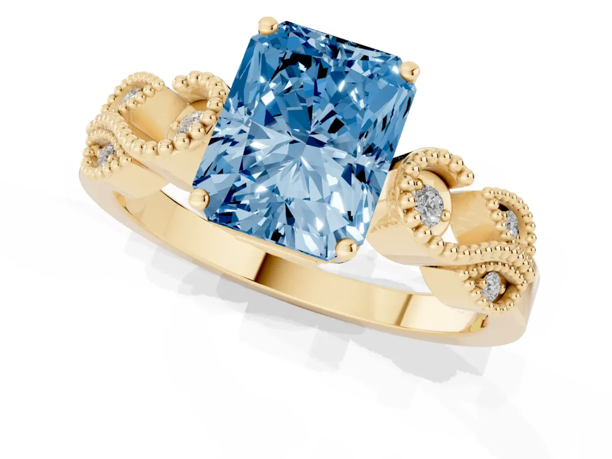 Fancy Blue Princess Cut Solitaire Milgrain Leaf Band with Prong Setting Yellow gold