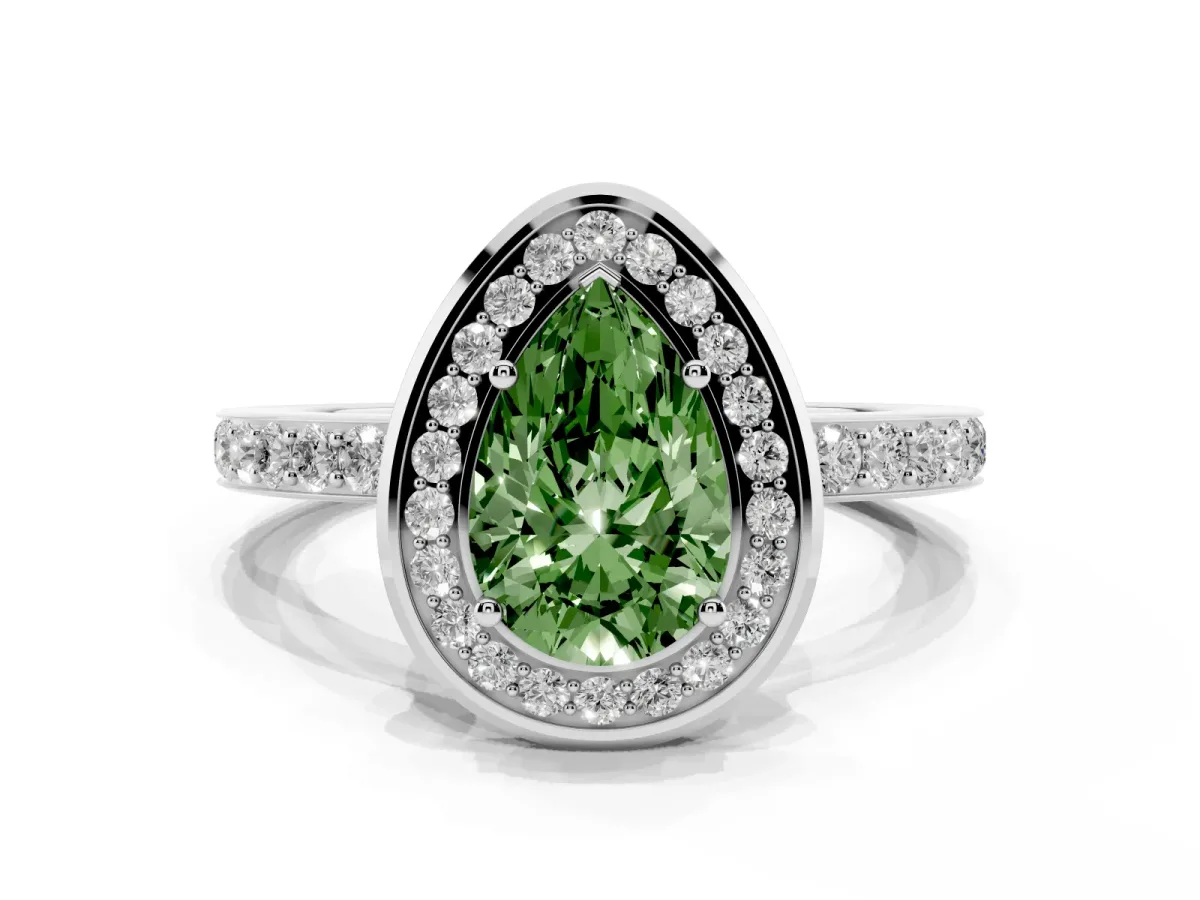 Fancy Green Pear Cut Diamond Halo Ring with Bezel Frame and Pavé Band Silver
