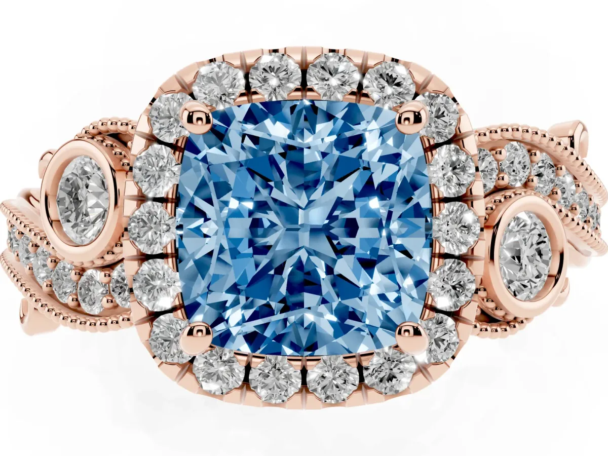 Fancy Blue Cushion Cut Diamond Halo Ring with Milgrain Pavé Band and Four-Prong Setting Rose gold
