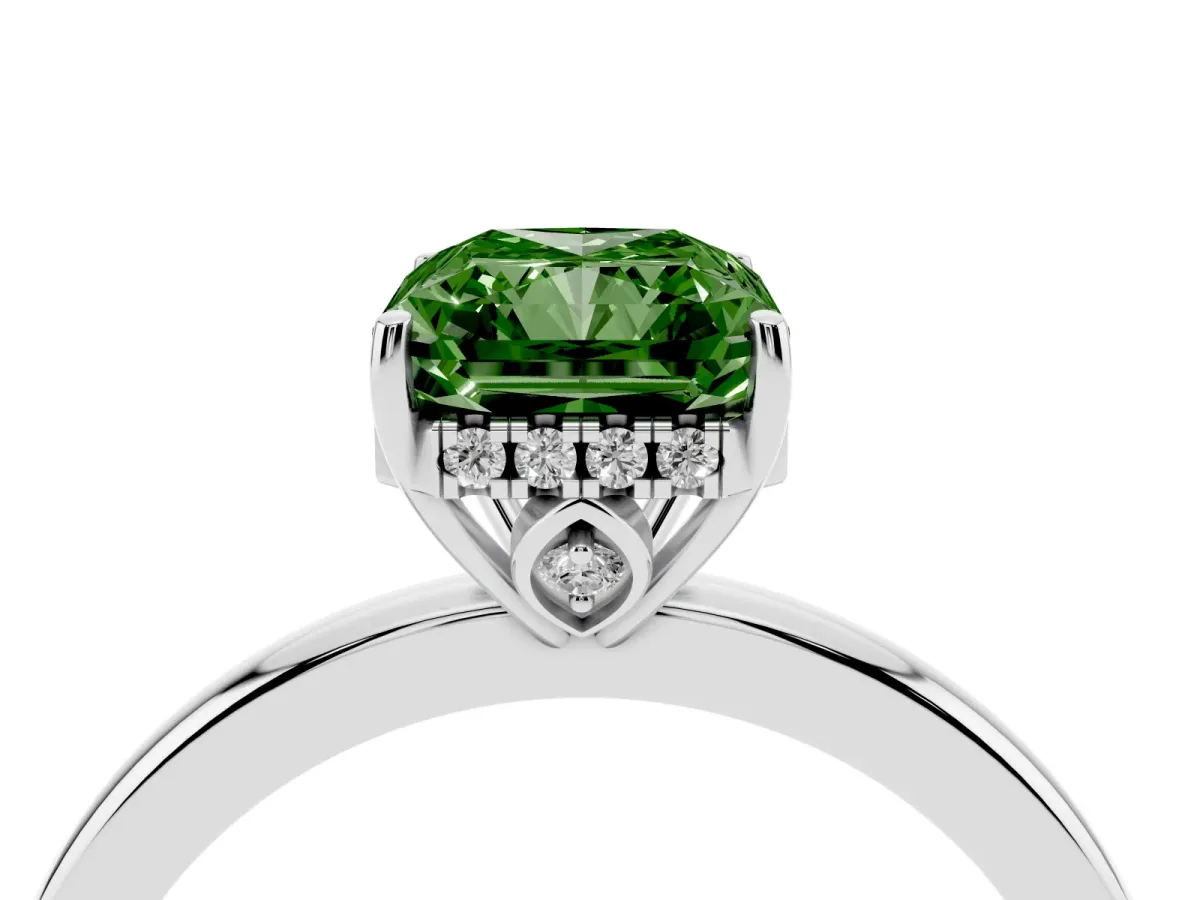 Fancy Green Radiant Cut Solitaire Diamond Ring with Prong Setting and Plain Band White gold