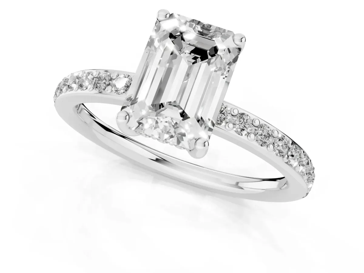 Emerald Cut Cut Diamond Pavé Band Ring with Four-Prong Setting Silver