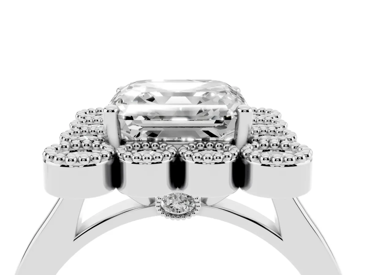 Asscher Cut Halo Diamond Cluster Engagement Ring with Milgrain Bezel Setting and Solitaire Band Platinum