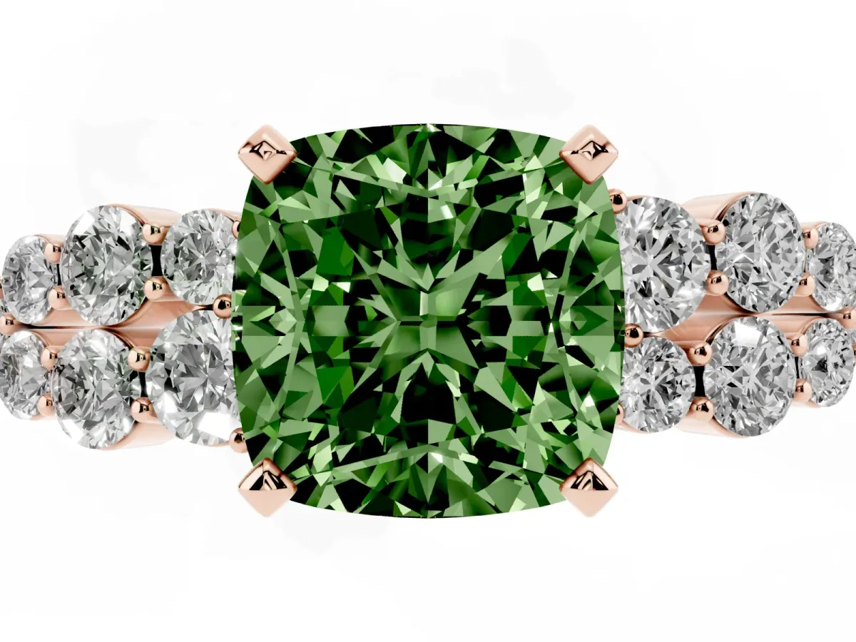 Fancy Green Cushion Cut Cluster Diamond Engagement Ring with Pavé Band and Four-Prong Setting Rose gold