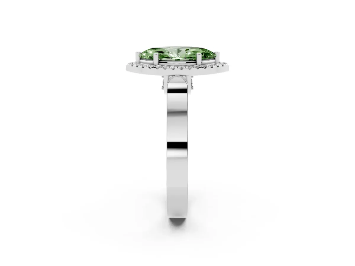 Fancy Green Marquise Cut Halo Round Diamond Twist Band with Four-Prong Setting White gold