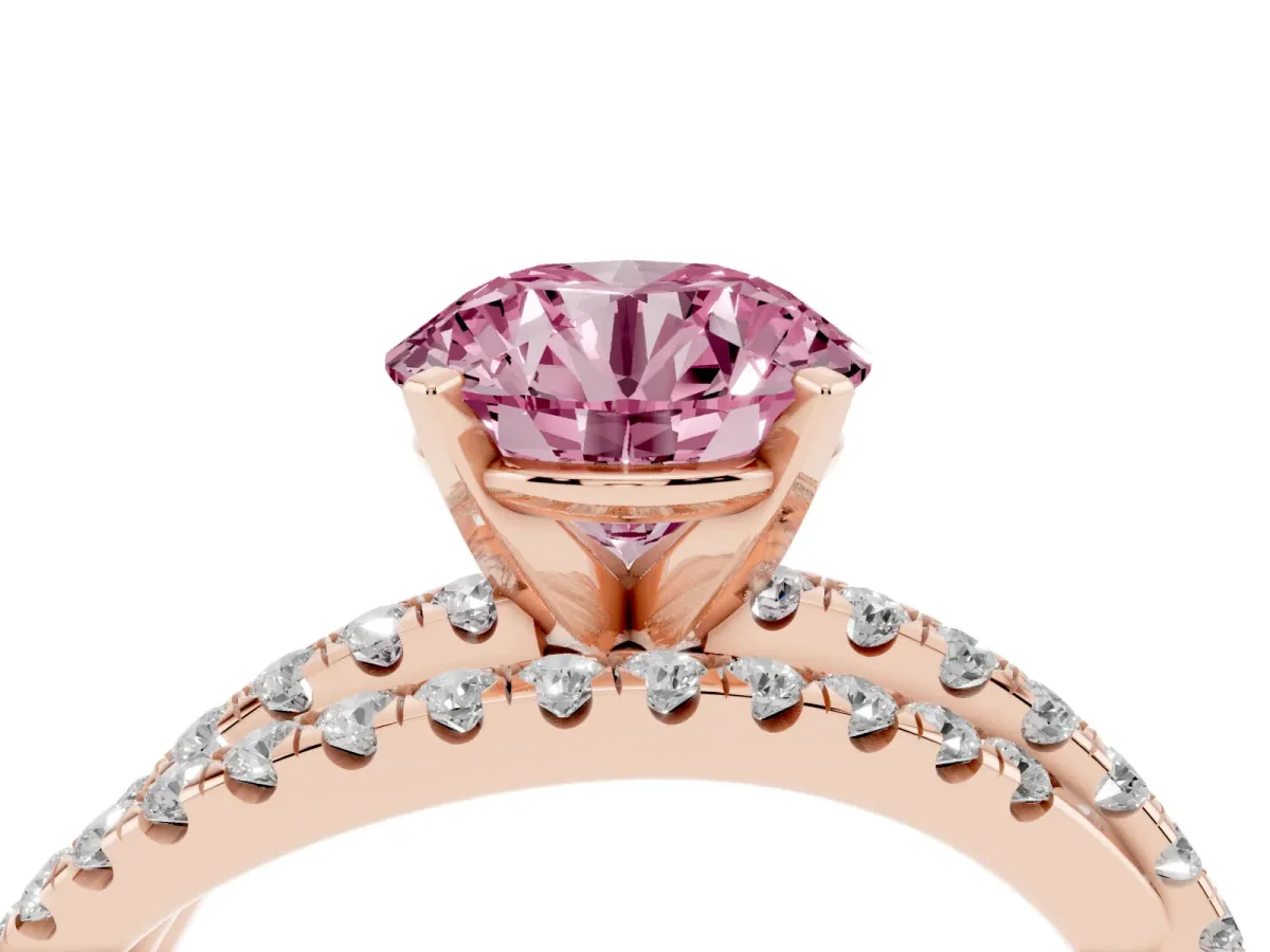 Fancy Pink Round Cut Solitaire Twist Band with Pavé Setting and Four-Prong Setting Rose gold