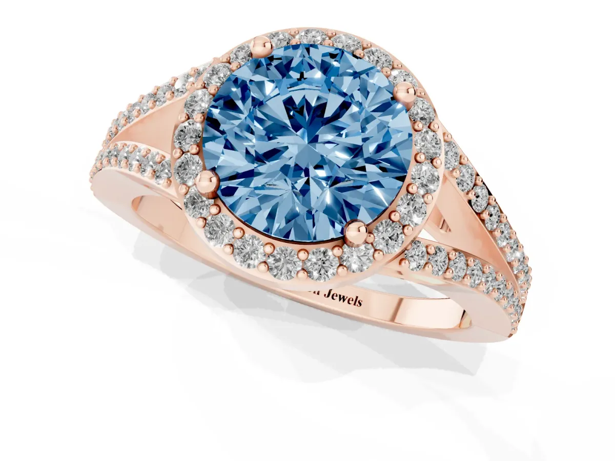 Fancy Blue Round Cut Halo Split Shank Pave Diamond Ring with Four-Prong Setting Rose gold