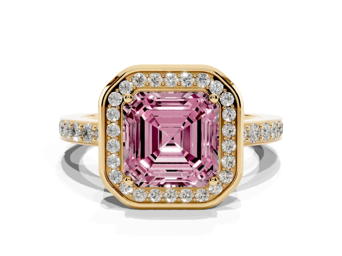 Fancy Pink Asscher Cut Diamond Halo Ring with Bezel Frame and Pavé Band Yellow gold