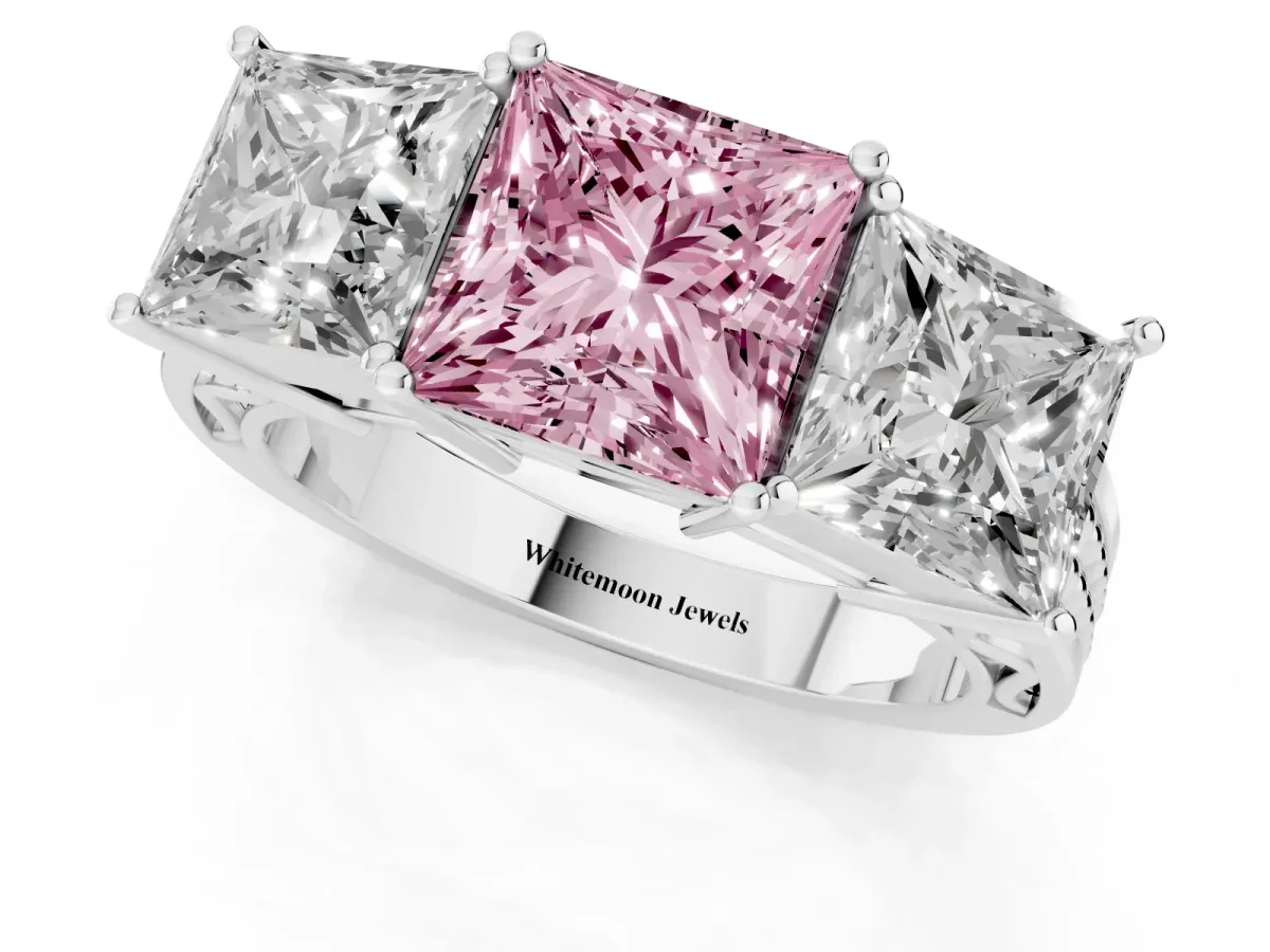 Fancy Pink Princess Cut Diamond Three-Stone Ring with Prong Setting and Textured Band Platinum
