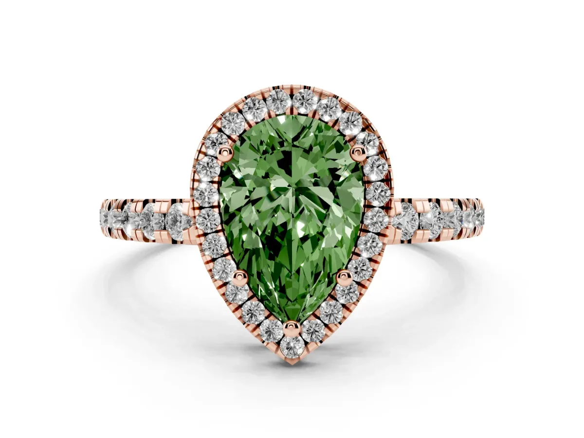 Fancy Green Pear Cut Diamond Halo Ring with Pavé Band and Four-Prong Setting Rose gold