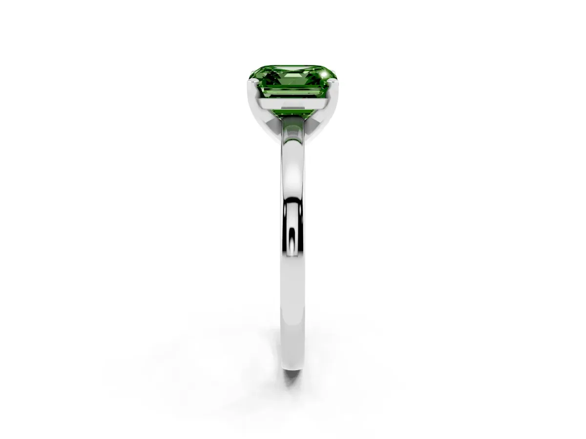 Fancy Green Asscher Cut Solitaire Diamond Engagement Ring with Four-Prong Setting on a Classic Band Silver