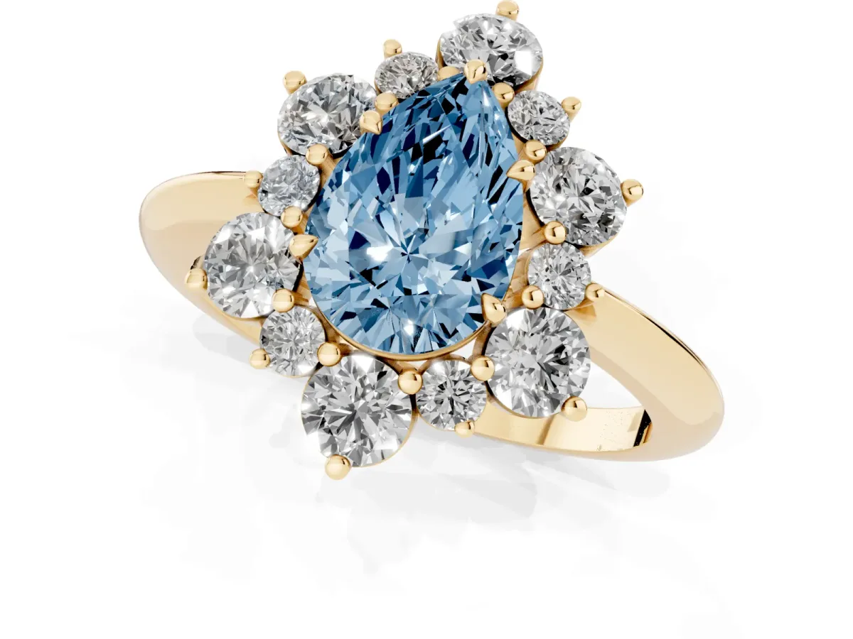 Fancy Blue Pear Cut Diamond Cluster Halo Ring with Solitaire Band and Four-Prong Setting Yellow gold