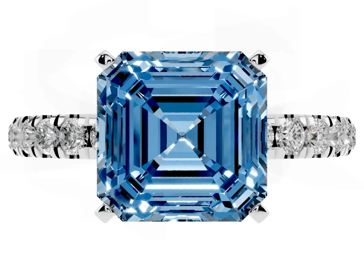 Fancy Blue Asscher Cut Diamond Solitaire Ring with Pavé Accents and Four-Prong Setting Platinum