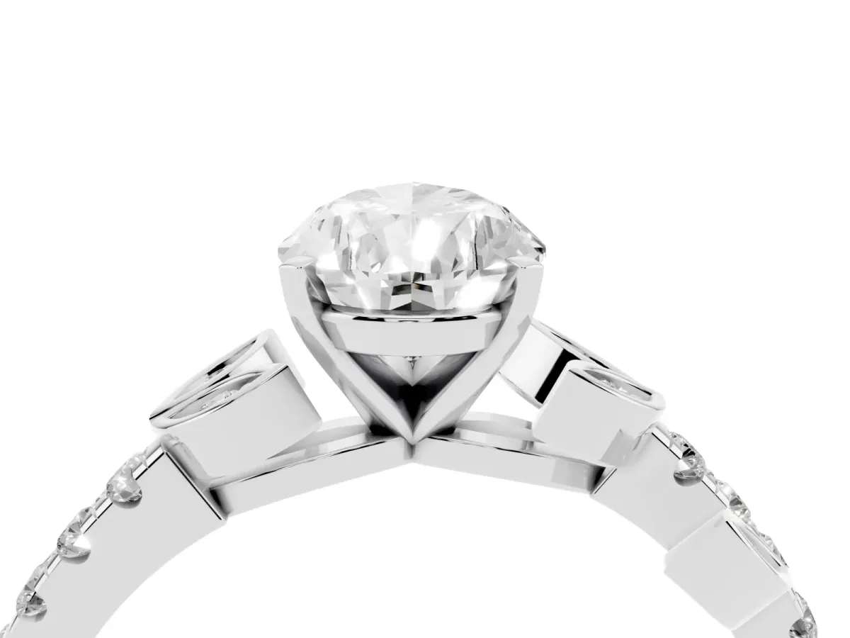 Pear Cut Solitaire Leaf-Inspired Diamond Ring with Pavé Band and Four-Prong Setting Silver
