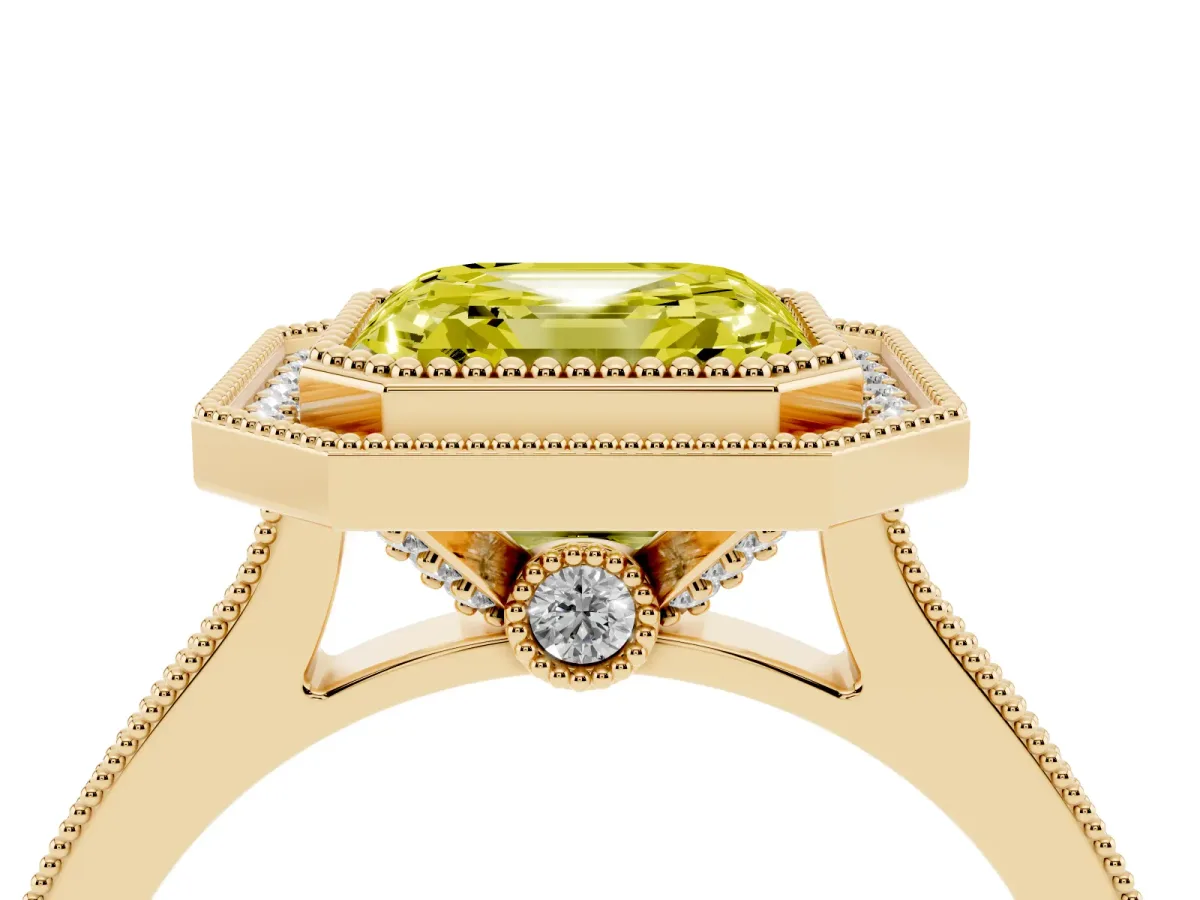 Fancy Yellow Halo Asscher Cut-Cut Diamond Pave Band Milgrain Prong Setting Ring Yellow gold
