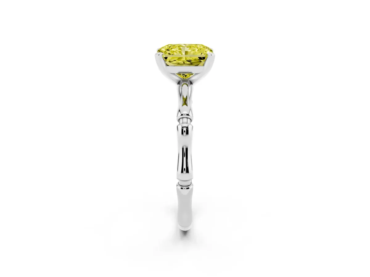 Fancy Yellow Radiant Cut Solitaire Diamond Ring with Bamboo Band and Four-Prong Setting Silver