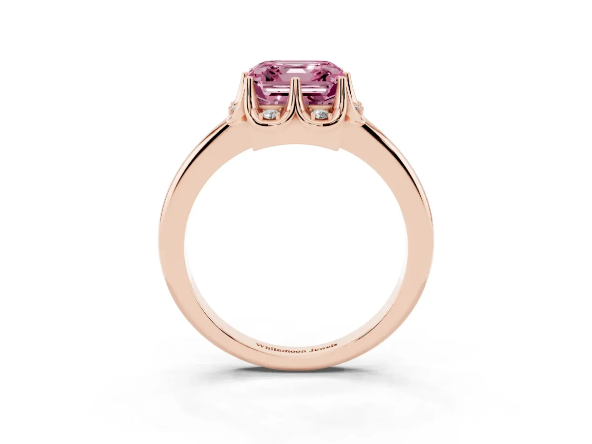 Fancy Pink Asscher Cut Halo Diamond Ring with Round Cluster Setting, Solitaire Band, and Four-Prong Setting Rose gold