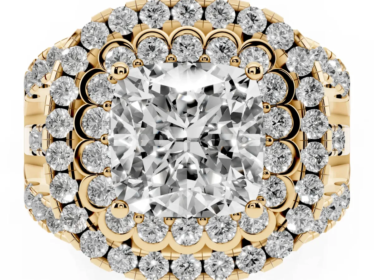 Cushion Cut Diamond Double Halo Ring with Round Pavé Split Shank and Prong Setting Yellow gold
