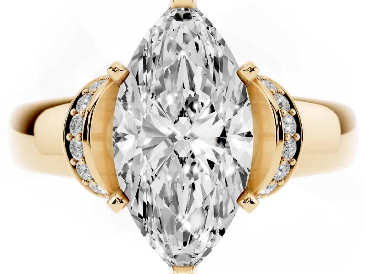 Marquise Cut Solitaire Diamond Ring with Pave Band and Six-Prong Setting Yellow gold