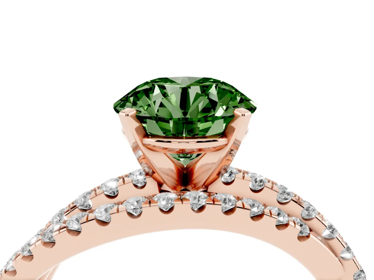 Fancy Green Round Cut Solitaire Twist Band with Pavé Setting and Four-Prong Setting Rose gold