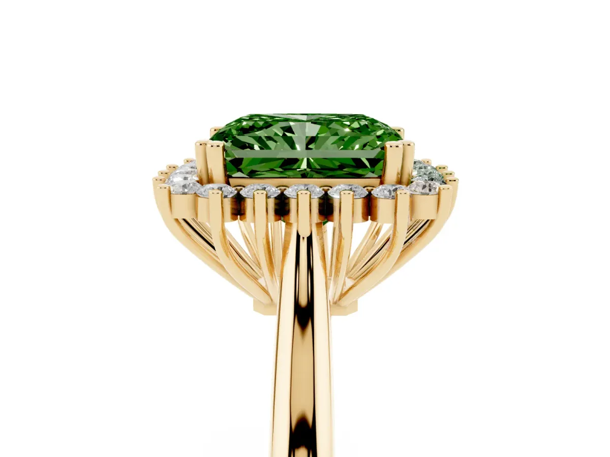 Fancy Green Radiant Cut Cut Diamond Halo Ring with Solitaire Band and Prong Setting Yellow gold