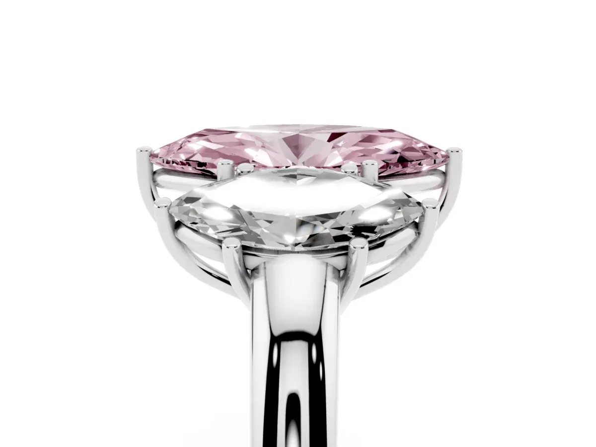 Fancy Pink Marquise Cut Diamond Three-Stone Ring with Four-Prong Setting and Classic Band Silver