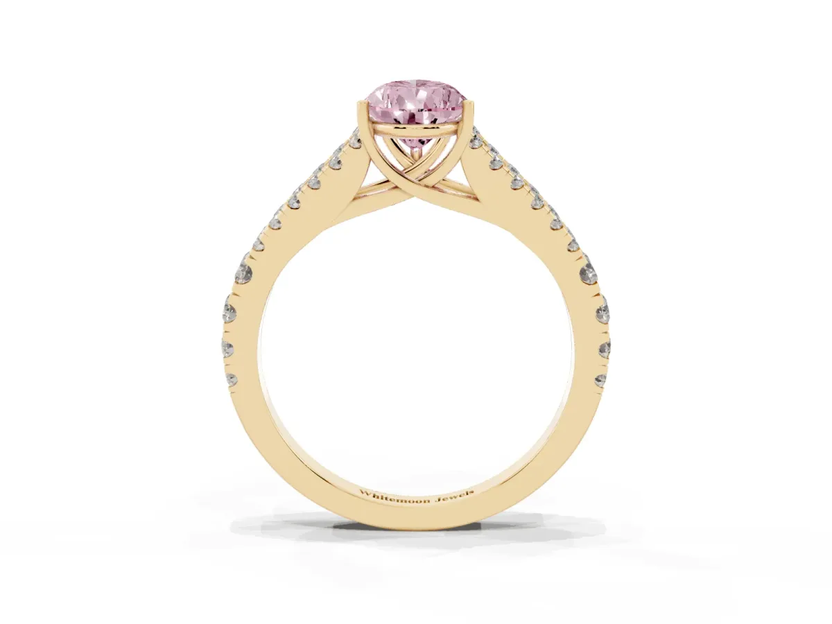 Fancy Pink Pear Cut Diamond Split Shank Pavé Engagement Ring with Four-Prong Setting Yellow gold