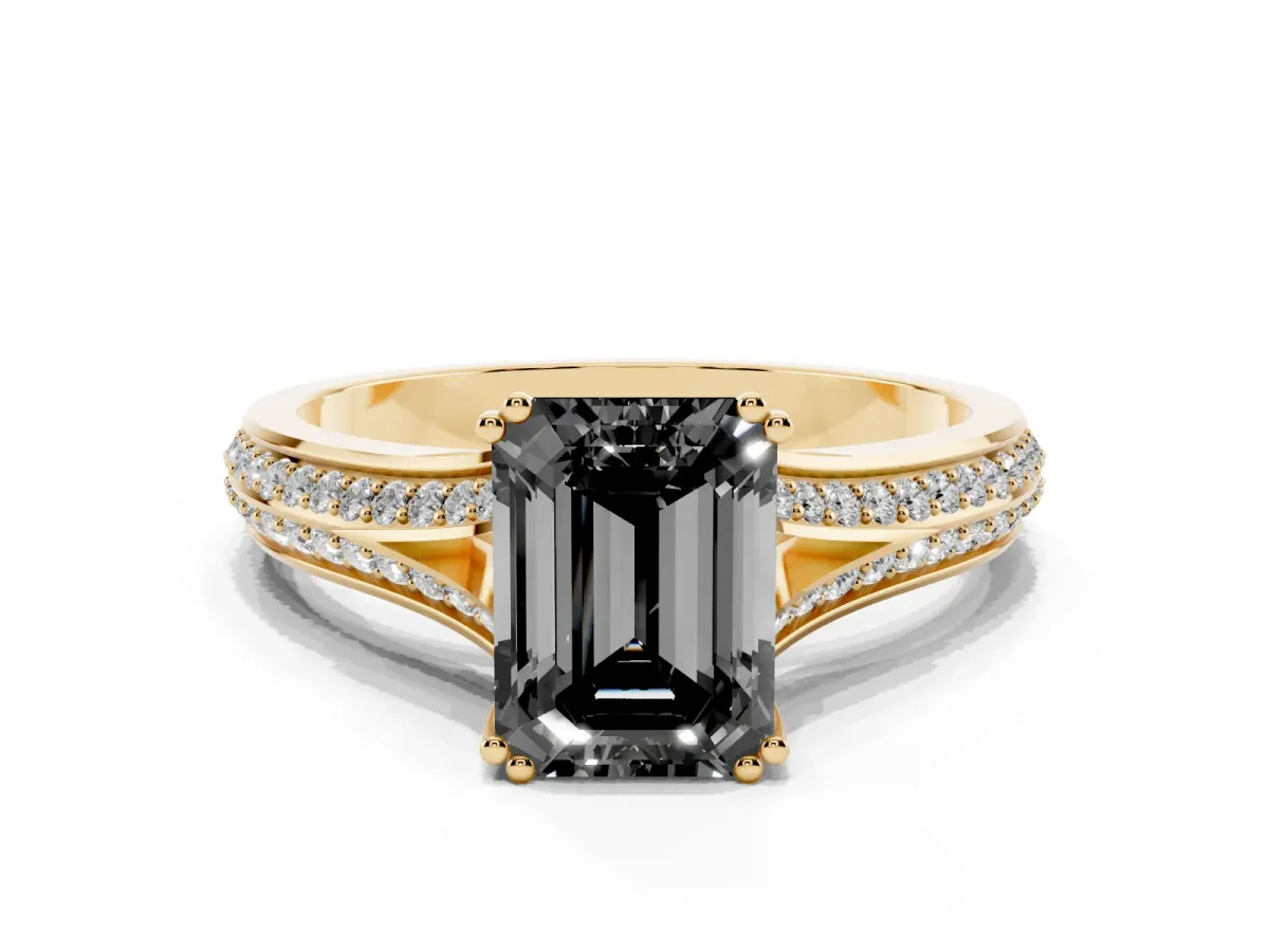 Fancy Black Emerald Cut Diamond Split Shank Engagement Ring with Pavé Band Yellow gold