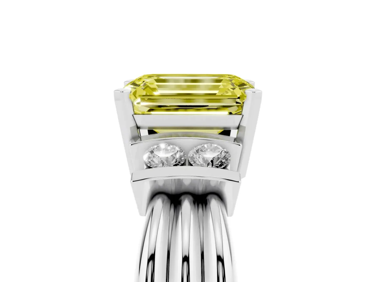 Fancy Yellow Emerald Cut Cut Three-Stone Channel Set Ring with Bar Prongs Platinum
