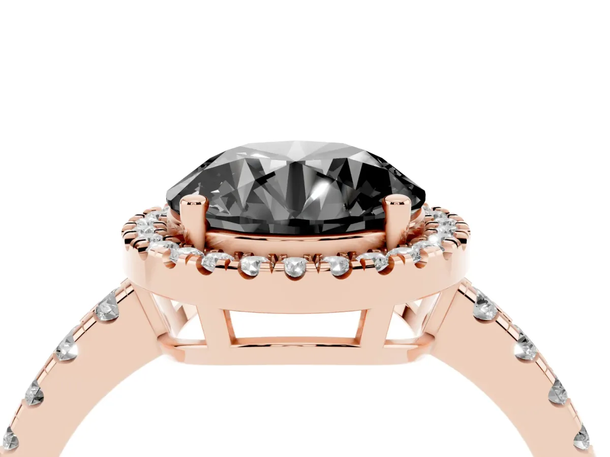 Fancy Black Round Cut Diamond Halo Ring with Pavé Band and Four-Prong Setting Rose gold