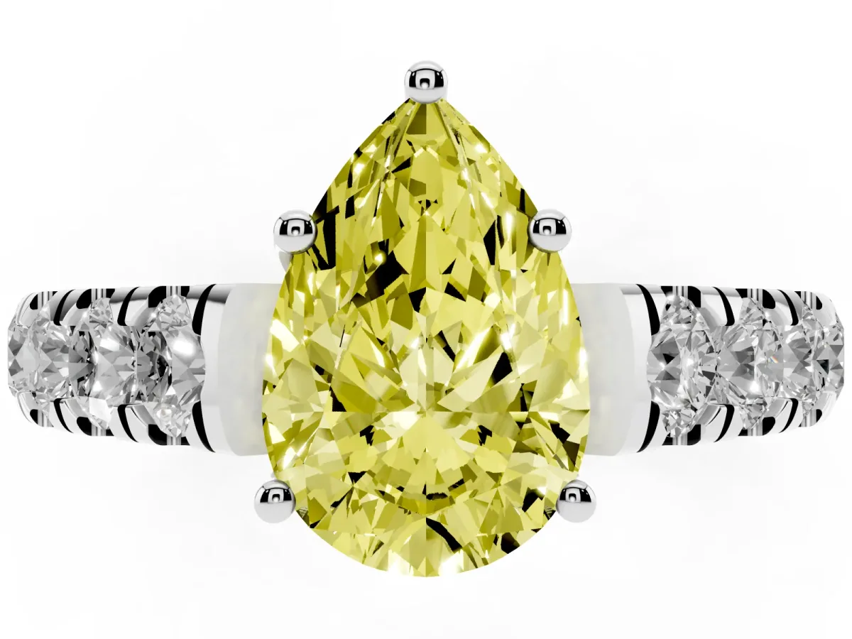 Fancy Yellow Pear Cut Cut Diamond Solitaire Ring with Micro Pave Band and Prong Setting Silver