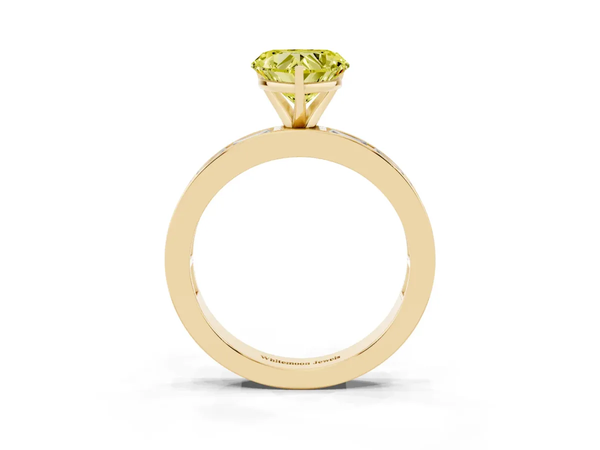 Fancy Yellow Heart Cut Solitaire Diamond Ring with Channel-Set Baguette Band and Four-Prong Setting Yellow gold