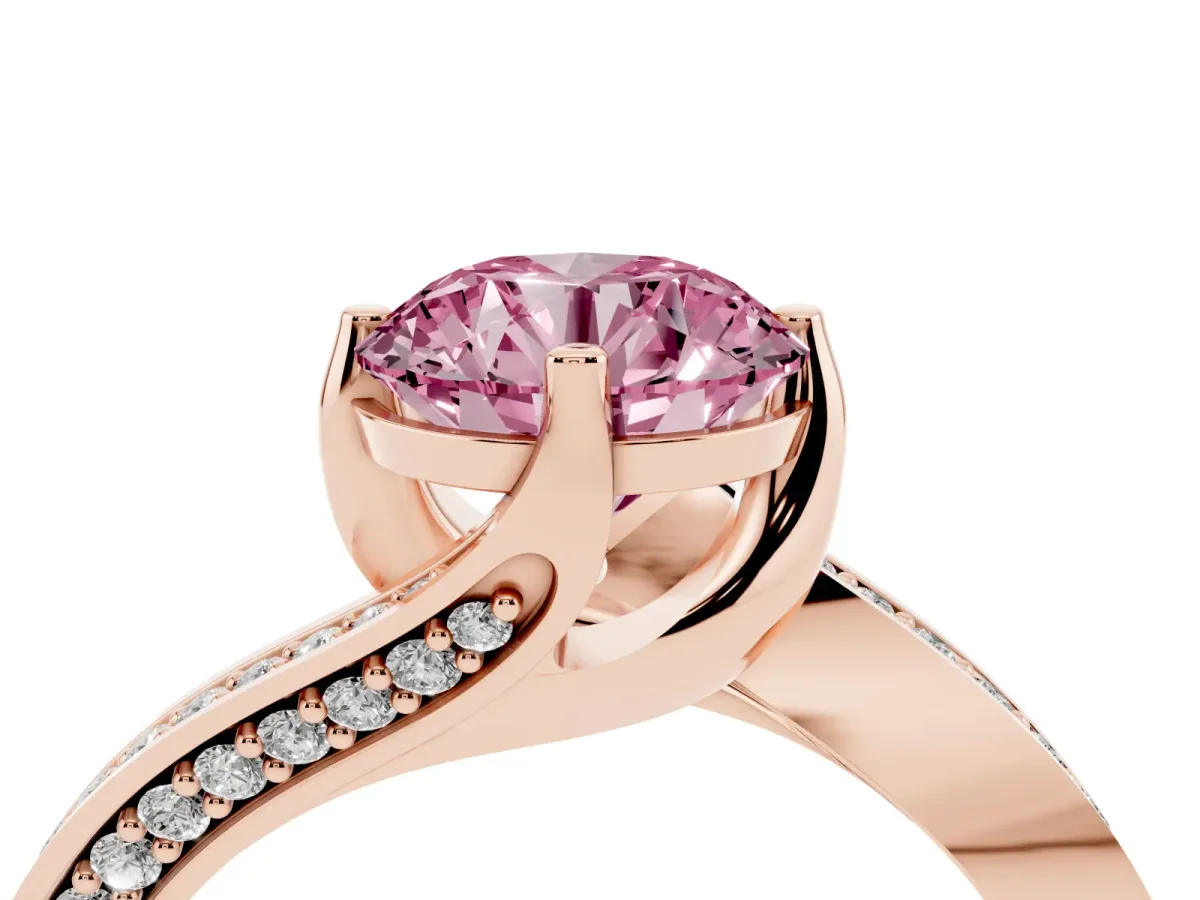 Fancy Pink Round Cut Solitaire Diamond Twist Band with Pavé Setting and Four-Prong Setting Rose gold