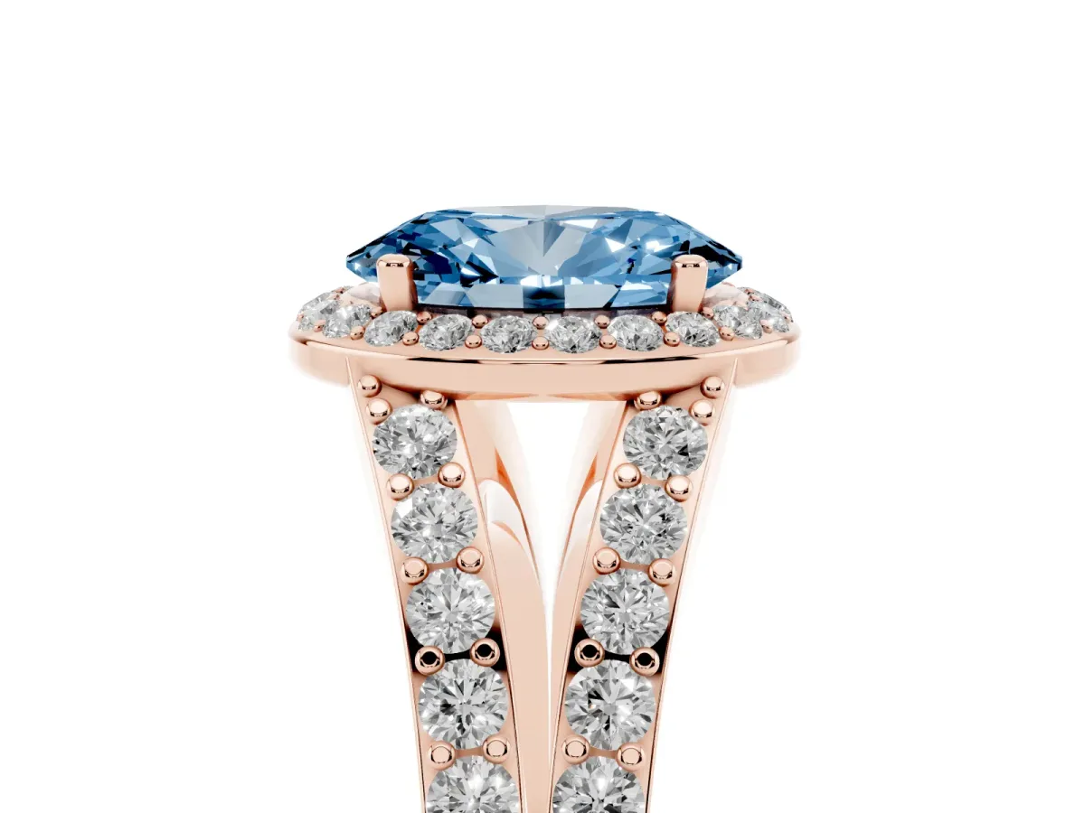 Fancy Blue Oval Cut Diamond Split Shank Halo Ring with Four-Prong Setting Rose gold
