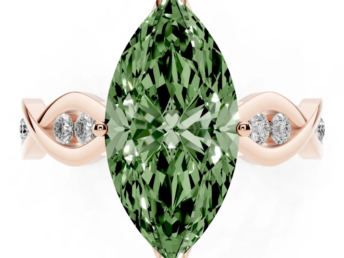 Fancy Green Marquise Cut Solitaire Twist Band with Leaf Prong Setting Rose gold