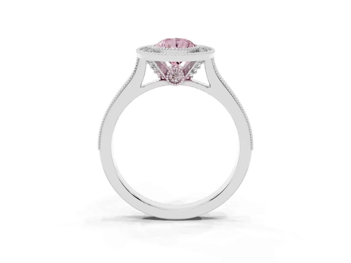 Fancy Pink Halo Pear Cut-Cut Diamond Pave Band Milgrain Prong Setting Ring Silver