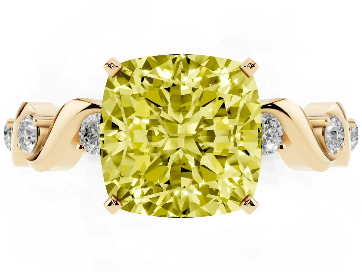 Fancy Yellow Cushion Cut Diamond Solitaire Twisted Band with Round Accents and Prong Setting Yellow gold