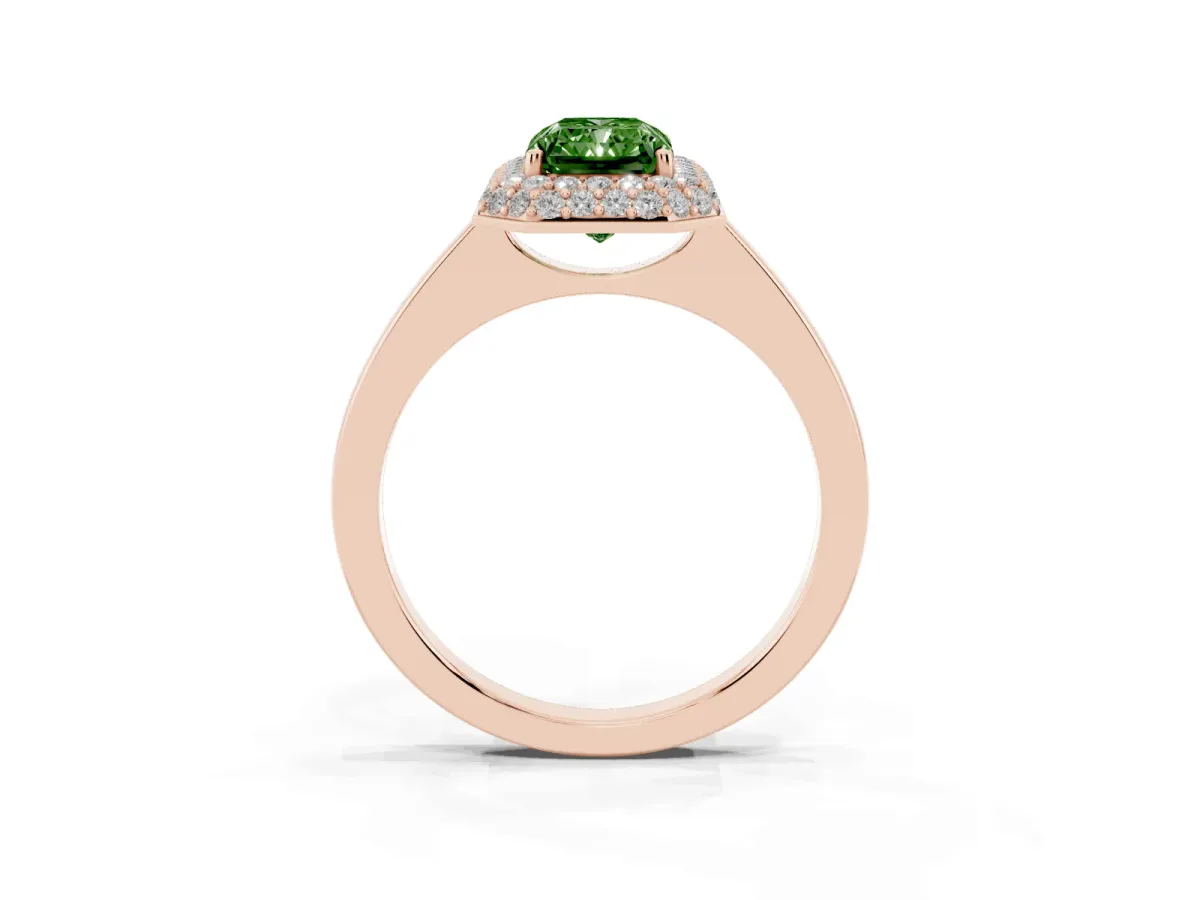 Fancy Green Radiant Cut Halo Diamond Engagement Ring with Solitaire Band and Four-Prong Setting Rose gold