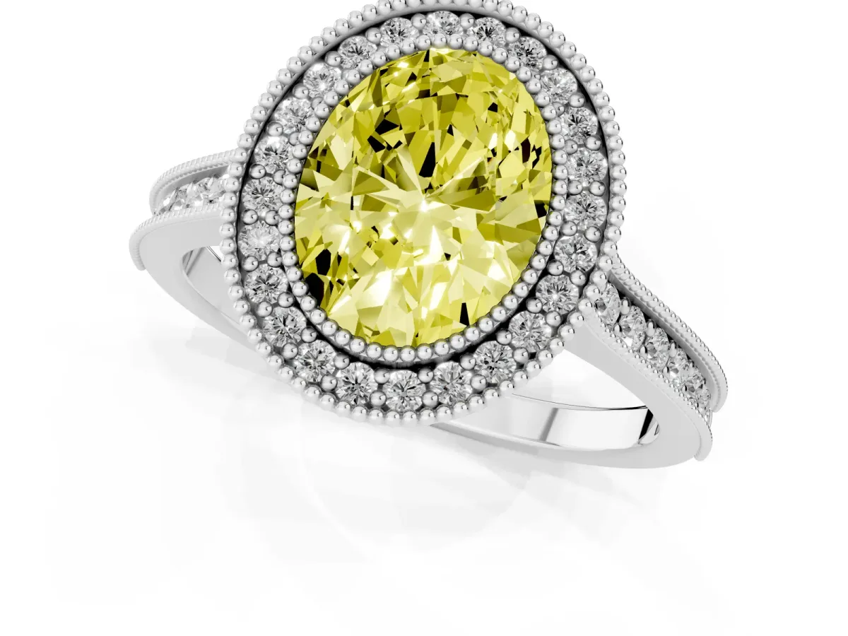 Fancy Yellow Halo Oval Cut-Cut Diamond Pave Band Milgrain Prong Setting Ring Silver