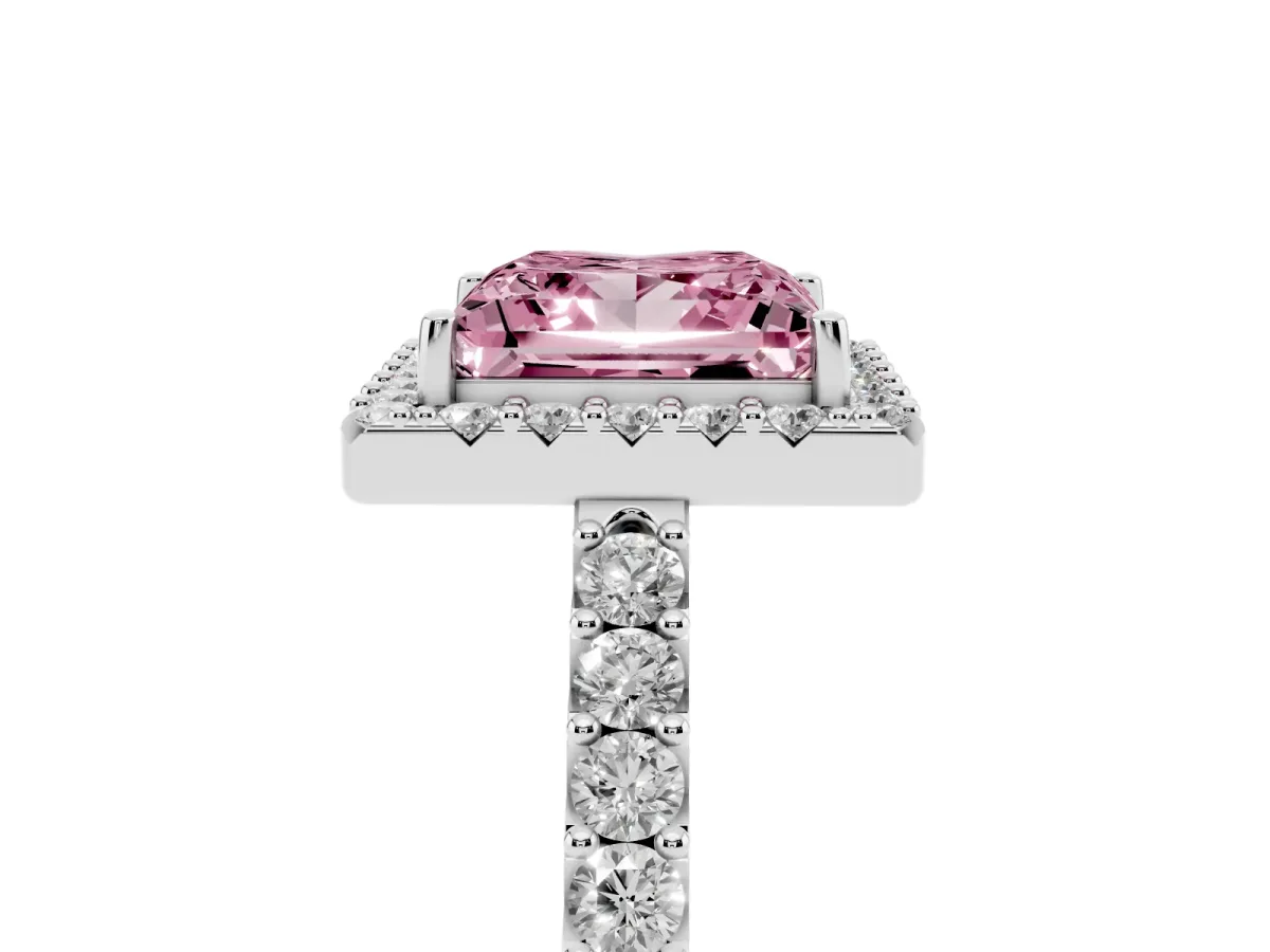 Fancy Pink Princess Cut Halo Diamond Pavé Solitaire Ring Platinum
