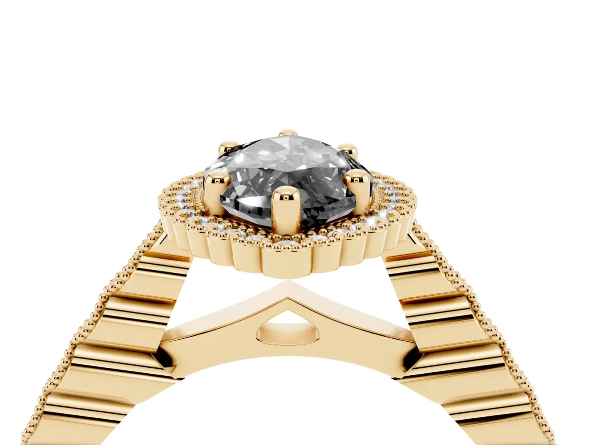 Fancy Black Marquise Cut Cut Halo Pavé Solitaire Ring with Milgrain Band Yellow gold