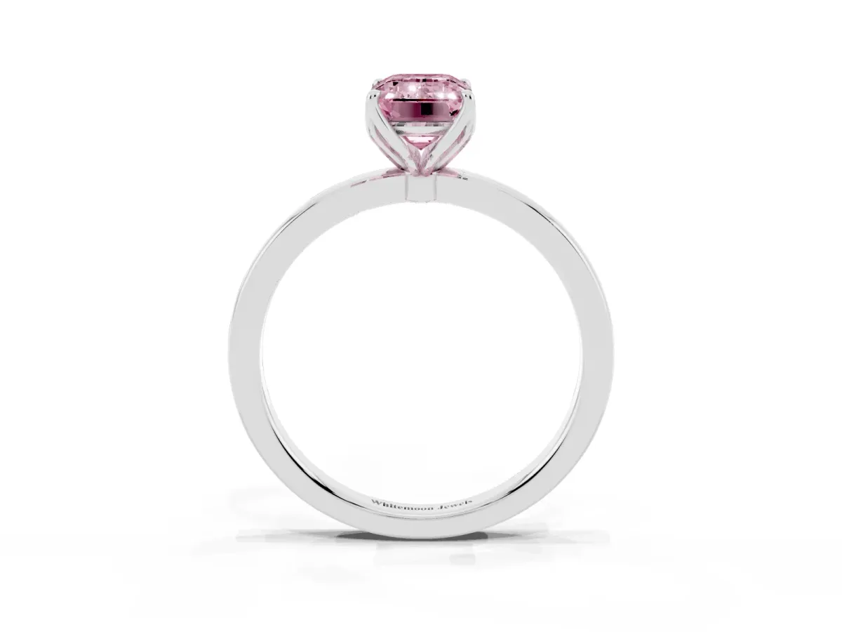 Fancy Pink Emerald Cut Diamond Solitaire Ring with Thin Band and Prong Setting Platinum