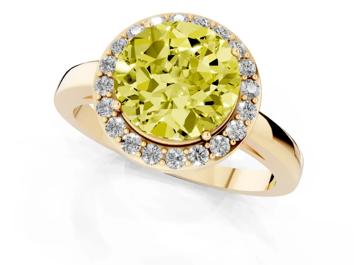 Fancy Yellow Round Cut Halo Diamond Ring with Solitaire Band and Prong Setting Yellow gold
